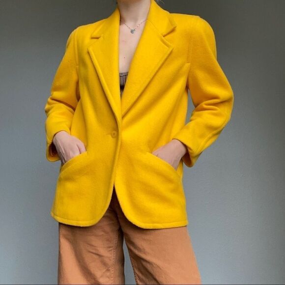 Vintage 80s Women’s Intuition Union Made Canary Yellow Wool Blazer Jacket Sz 6 - Picture 11 of 12